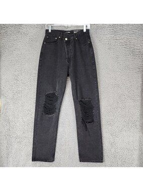 Fashion Nova Jeans Womens 1 Black Cotton Hi Rise Button Fly Distressed Slim *NWT